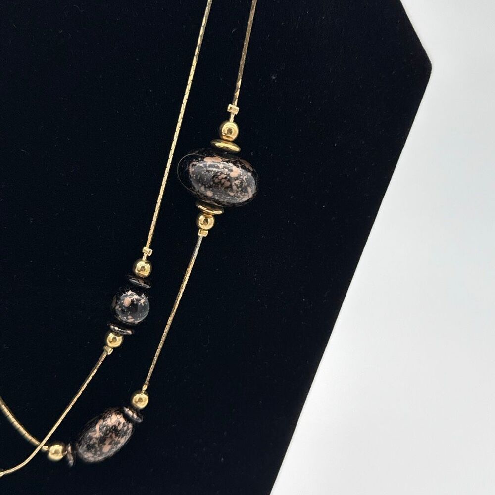 Vintage 1950s Korea 36” Gold Splatter Black Bead Necklace Mid Century Atomic